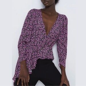 Zara Floral Wrap Front Asymmetrical Hem Peplum Long Sleeve V-Neck Blouse Top